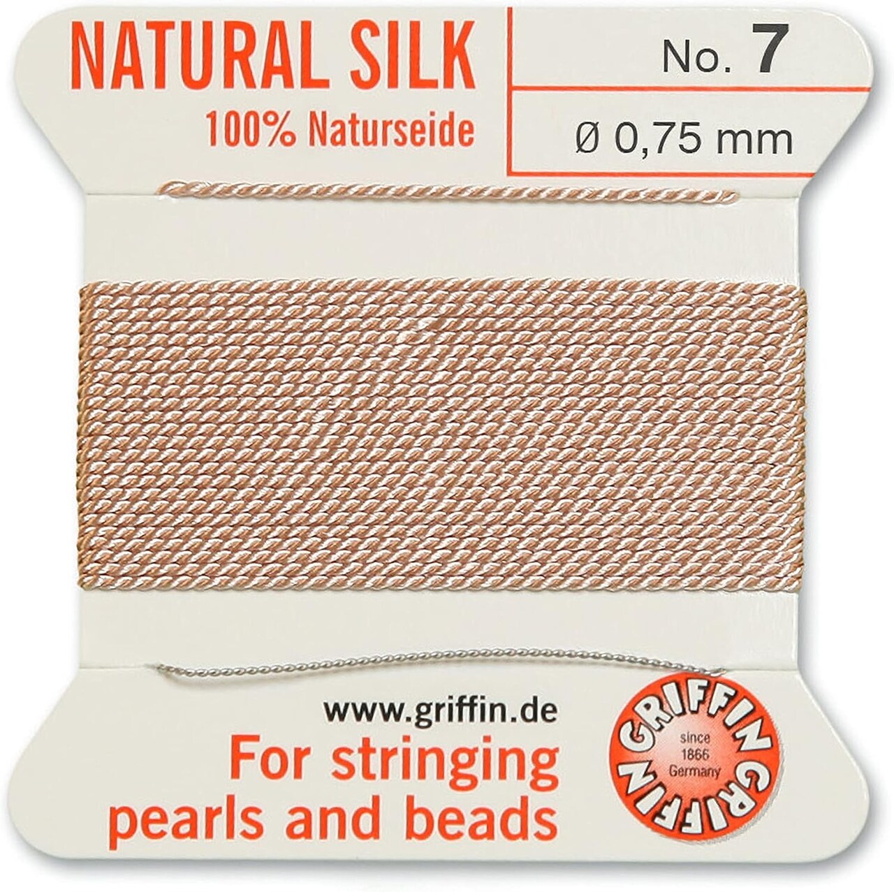 Griffin Silk Bead Cord Perlseide – Size 7 (0.75mm) – 2 Meters per Card – Stainless Steel Needle Attached – for Knotting Pearls, Gemstones, Crystals and Beads